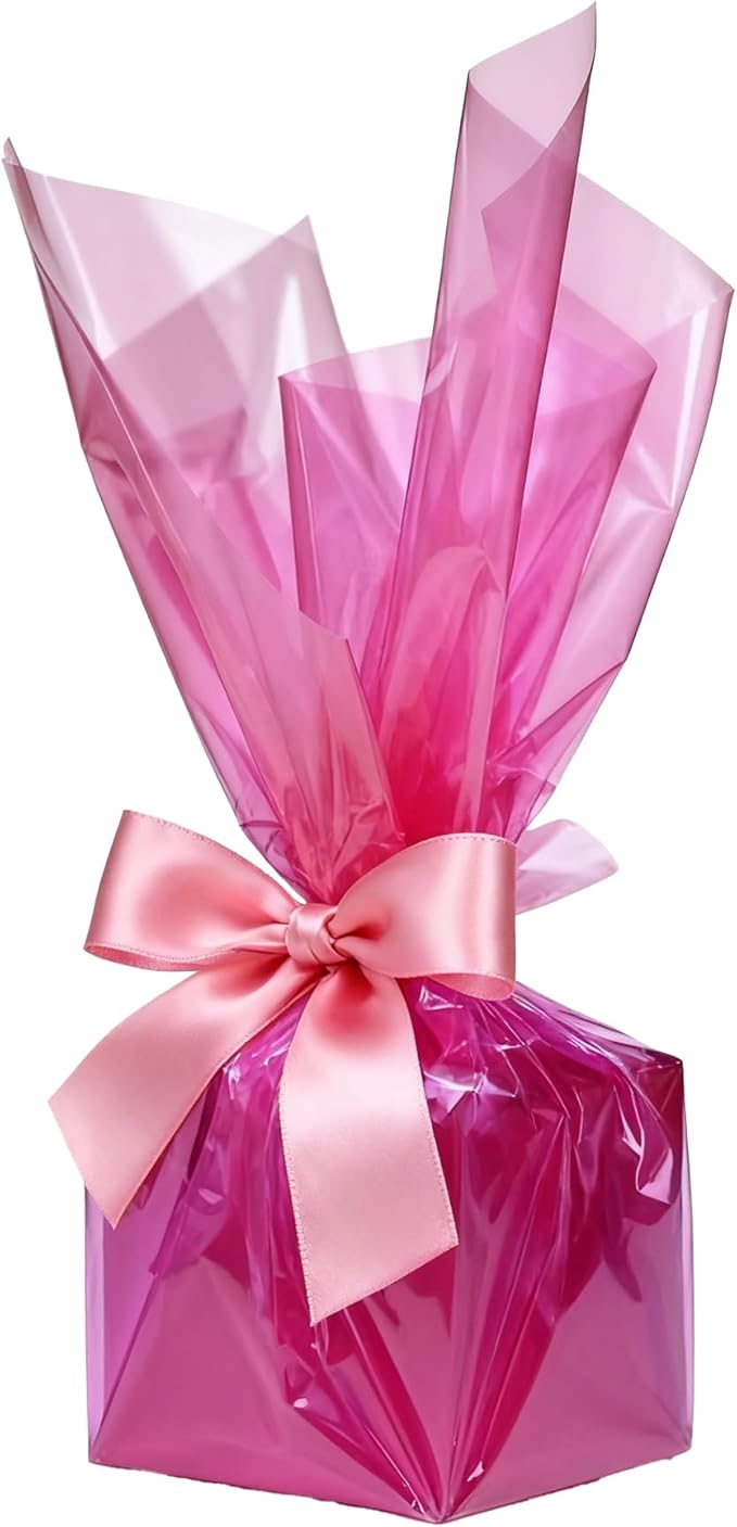 200 ft Pink Cellophane Wrap Roll (16 In x 200 Feet) - 2.5 Mil Thick for Gift Baskets, Bouquets, Party Decorations