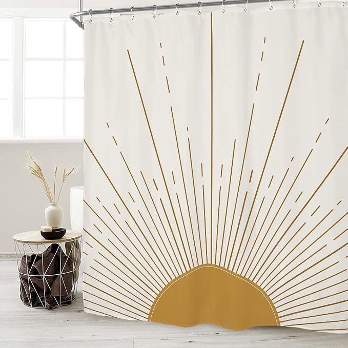 Miyotaa Abstract Sun Shower Curtain Set 60Wx71H Inches Modern Minimalist Mid Century Aesthetic Mustard Yellow Sunburst Sunrise Simple Polyester Waterproof Cloth Bathroom Curtain with 12 Hooks