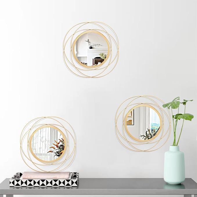 Gold 3 Set Circle Mirrors Wall Decor Wire Metal Mirror Round Mirror Home Decor Hanging Mirror for Room Bedroom Bathroom Entryway 12''