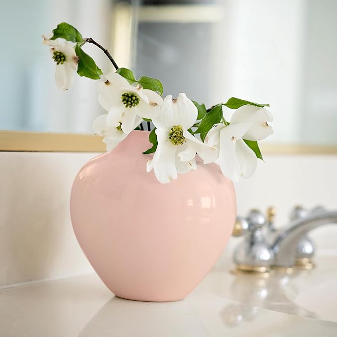Willowy Small Pinkish-Beige Porcelain Flower Vase – 5 Inch Glossy, Ceramic Pink Vases for Home Decor, Tan Vases for Flowers, Mini/Short Beige Round Vase