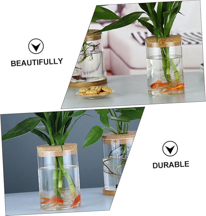 VILLCASE 2pcs Wood Art Glass Vase with Cork Stopper for Hydroponic Plants Decorative Flower Pot for Indoor Greenery Minimalist Plant Vase for Home and Office Decor