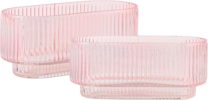 Ribbed Glass Vases, Small Vases for Flowers Set of 2, Pink Glass Vases, Vases for Centerpieces, Bud Vases, Rectangle Vases for Living Room, Bedroom, Kitchen, Dining Table, Shelf, Wedding