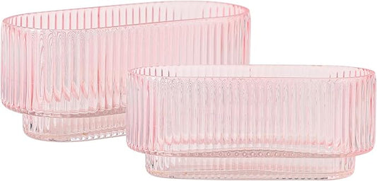 Ribbed Glass Vases, Small Vases for Flowers Set of 2, Pink Glass Vases, Vases for Centerpieces, Bud Vases, Rectangle Vases for Living Room, Bedroom, Kitchen, Dining Table, Shelf, Wedding