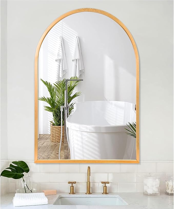 Arched Wall-Mounted Mirror Gold Arch Mirror Aluminum Alloy Frame Bathroom Mirror for Vanity Living Room, Bedroom, and Entryway 28"x20"