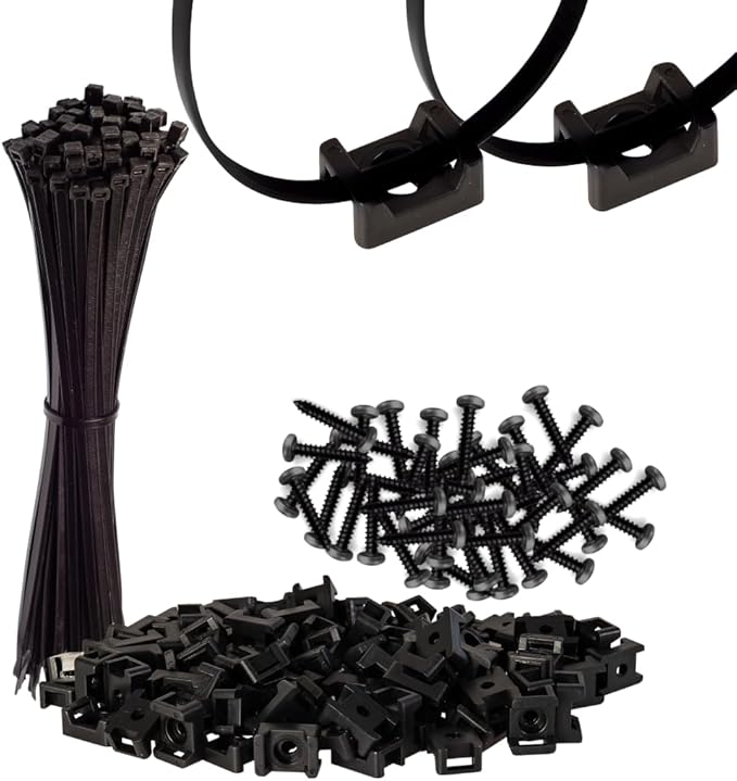 GTSE 8 Inch black Zip Ties, Saddle Mounts and Self Tapping Screws Set, 100 Pack Cable Ties, 50lb Strength, UV Resistant Strong Self-Locking Tie Wraps