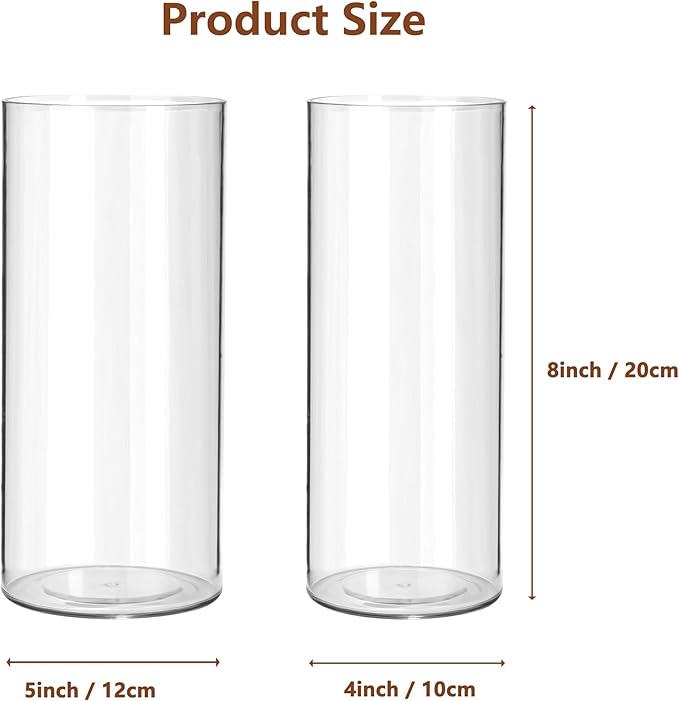 2 Pack Acrylic Cylinder Vases, Non-breakable Vase for Centerpieces, 8 inch Tall Clear Flower Vase Bulk Floating Candle Holder for Wedding Table Home Decor and Party