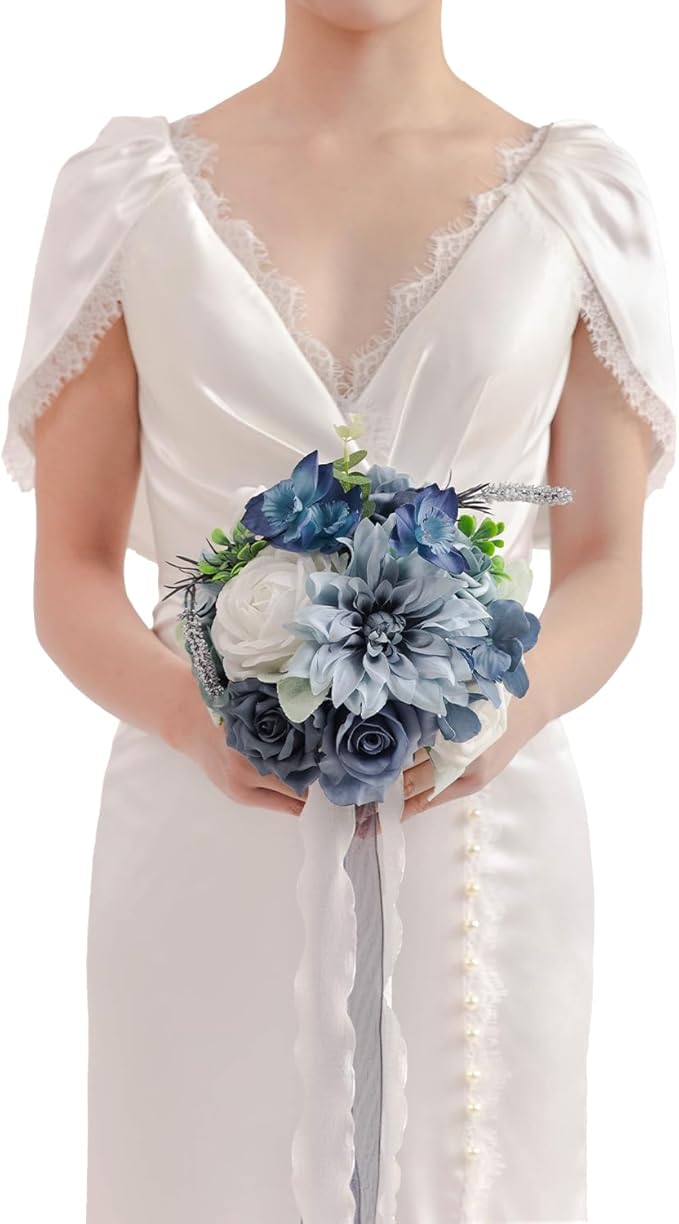 TINGE TIME 9 inch Bridal Bouquets for Bride, Artificial Silk Flowers Tossing Bouquet, Bride Bouquets for Wedding, Ceremony, Anniversary(Dustyblue)