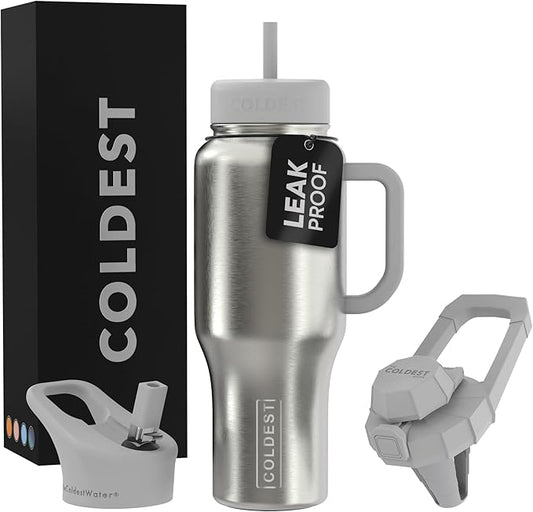 Coldest Tumbler with Handle and Straw - 100% Leak Proof Insulated Tumbler with Lid and Straw (3 Lids) - Stainless Steel Tumblers for Women & Men, Cup Holder Friendly Base, 36 oz (Polished Steel)