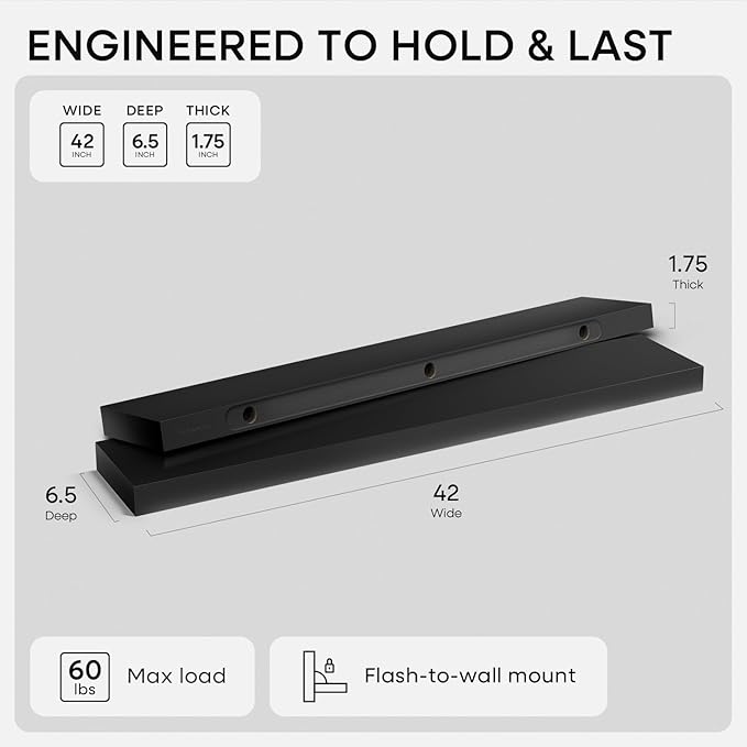 Homeforia Floating Black Shelf 42 inch, High End Solid Real Wood 42 inches Long Floating Shelves for Wall, Black Wooden 42inch Large Floating Shelves, Heavy Duty Bracket, 42 X 6.5 X 1.75 in, Set of 2