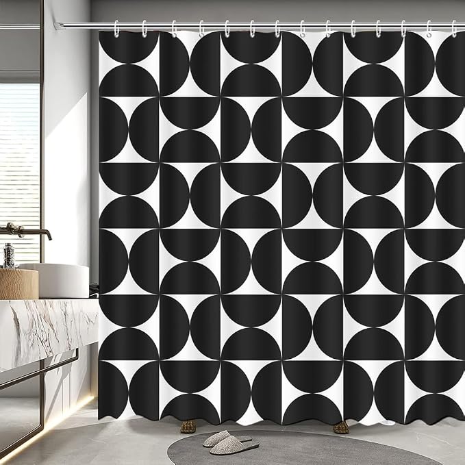 MEHOFOND Vintage Black Shower Curtain Modern Mid Century Abstract Geometric Bathroom Curtain Boho Retro Classic Bathtub Decor Fabric Waterproof Bath Curtain with 12 Hook 72x72 Inch