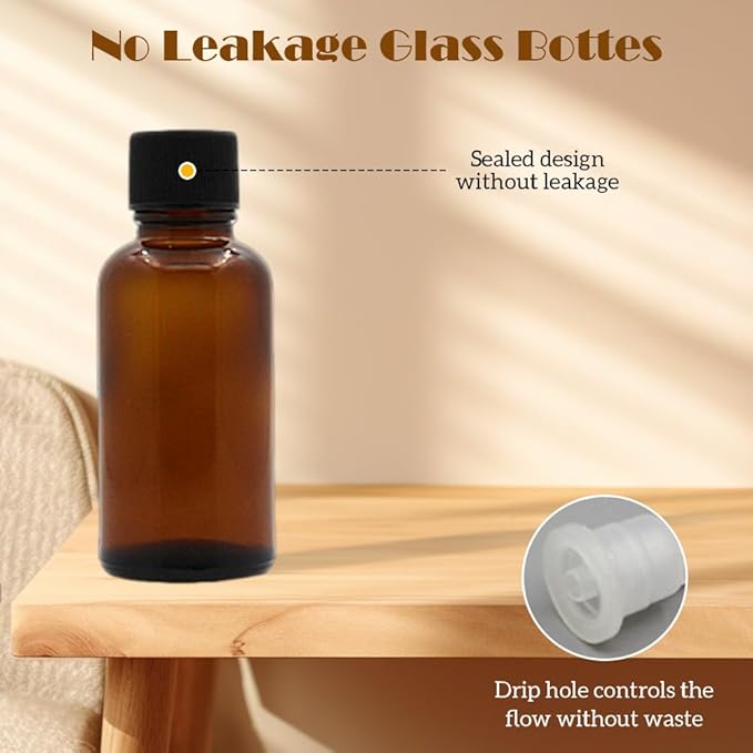 6Pcs Amber Glass Essential Oil Bottles with Orifice Reducer and Black Cap Empty Cosmetic Perfume Aromatherapy Storage Container Vial Pots Portable Refillable size 30ml/1oz