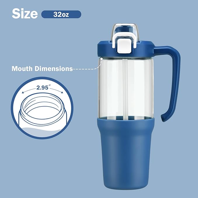 32oz Glass Water Bottle, 2-in-1 Straw and Sip Spout Lid, Leakproof Wide Mouth Tumbler with Handle, BPA-Free Reusable Bottle for Sports, Office, Outdoor, DBlue