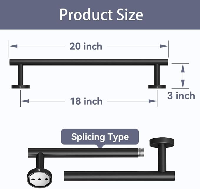 Matte Black Towel Bar, 18 Inch Bathroom Towel Rack, Towel Holder Wall Mounted, Thicken SUS304 Stainless Steel Towel Rod Modern Home Decor (Total Length 20-Inch)