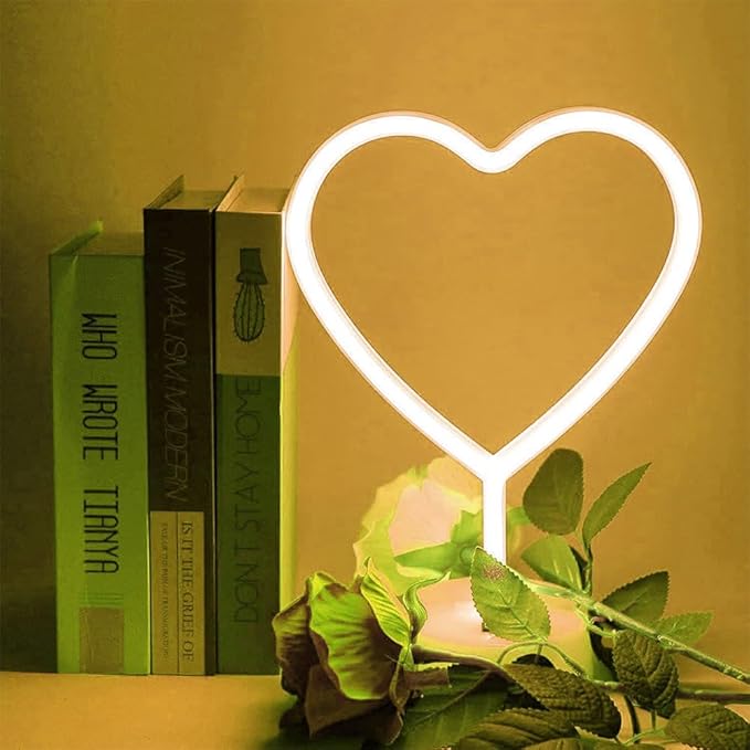 Warm White Heart Neon Sign, Valentines Day Neon Light Battery Operated or USB Powered Valentines Warm White Heart Lights, Table Lamp for Galentines Day Decorations, wedding, Gifts for Women, lover.