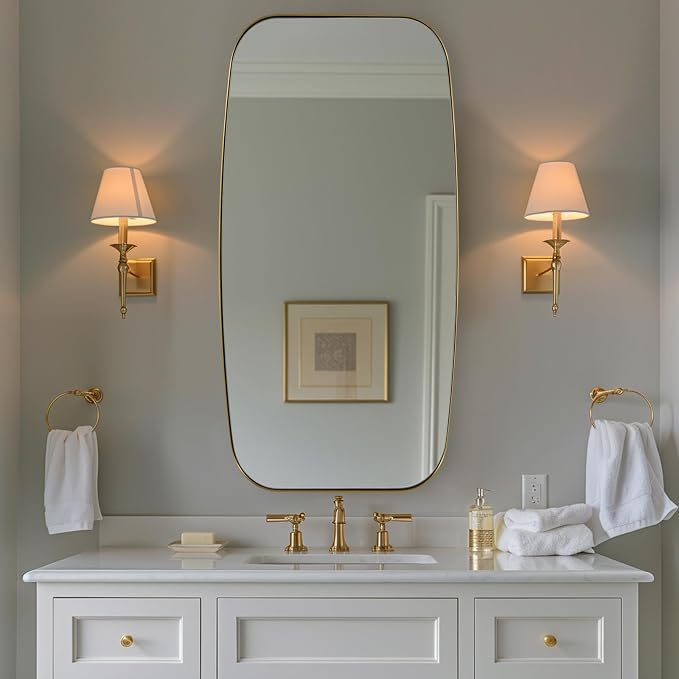 ANDY STAR 24x48 Gold Bathroom Mirror, Oblong Brass Mirror with Stainless Steel Metal Frame, Brushed Gold Oval Vanity Mirror for Over Sink, Modern Anti Rust Wall Mounted