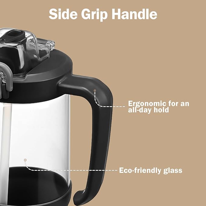 32oz Glass Water Bottle, 2-in-1 Straw and Sip Spout Lid, Leakproof Wide Mouth Tumbler with Handle, BPA-Free Reusable Bottle for Sports, Office, Outdoor, Black