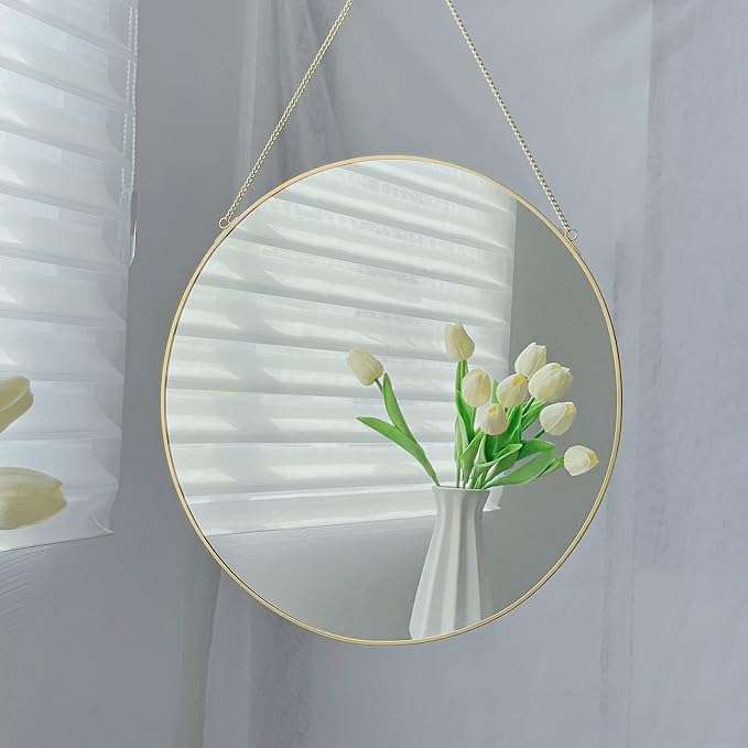 LONGWIN Hanging Wall Circle Mirror Decor Gold Geometric Mirror with Chain for Bathroom Bedroom Living Room 9.8"