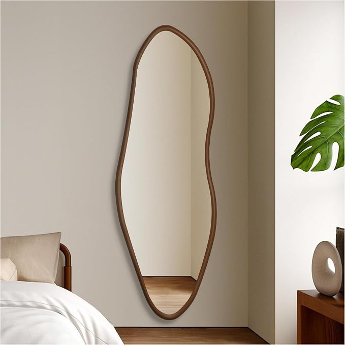 22" x 65" Irregular Full Length Mirror Wall Mounted, Walnut-Colored Wood Framed Mirror, Asymmetrical, Decor Bedroom, Dressing Room, Hallway, Living Room, Entryway, Horizontal/Vertical