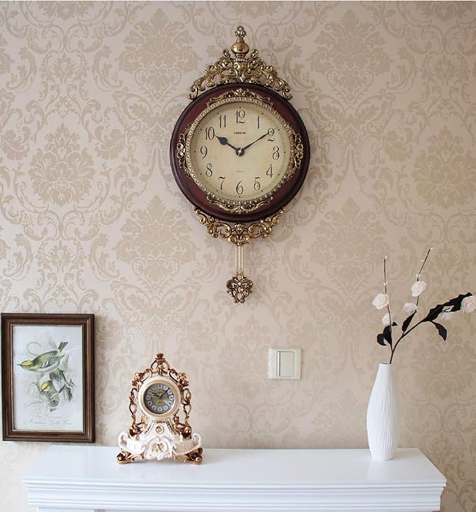 SHISEDECO Elegant, Traditional, Decorative, Hand Painted Modern Grandfather Wall Clock Fancy Ethnic Luxury Handmade Decoration, Swinging Pendulum for New Room or Office. Large. 29.5 Inch. (Brown-B)