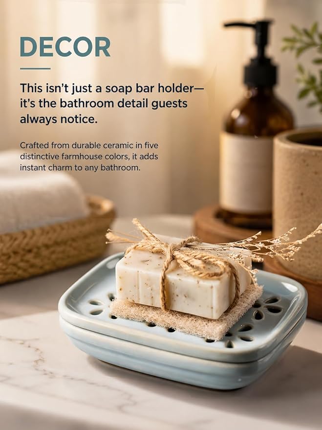 Miamolo Soap Dish for Shower with Drainage, 2-Tier Soap Holder for Bar Soap Sponge, Ceramic Soap Dish with Removable Drip Tray for Bathroom Sink, Mess-Free, Easy Cleaning Dishwasher Safe, Blue