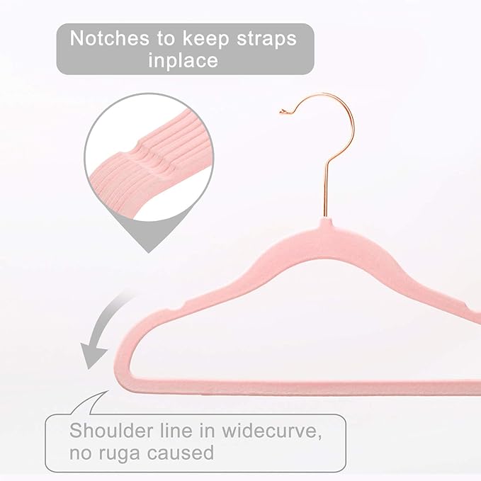 MIZGI Premium Kids Velvet Hangers (Pack of 50) with Copper/Rose Gold Hooks,Space Saving Ultra Thin,Non Slip Baby Hangers for Children's Skirt Dress Pants,Clothes Hangers(Blush Pink)