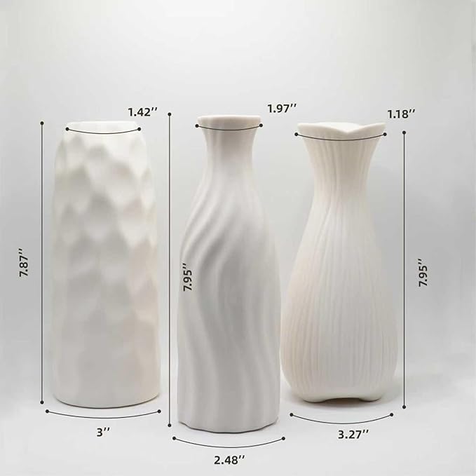 White Ceramic Vase Set Home Decor – Farmhouse & Boho Decorative Vase Set for Kitchen, Living Room, Bedroom, Office, Bookshelf Decor, Bathroom, Centerpiece Table Decor