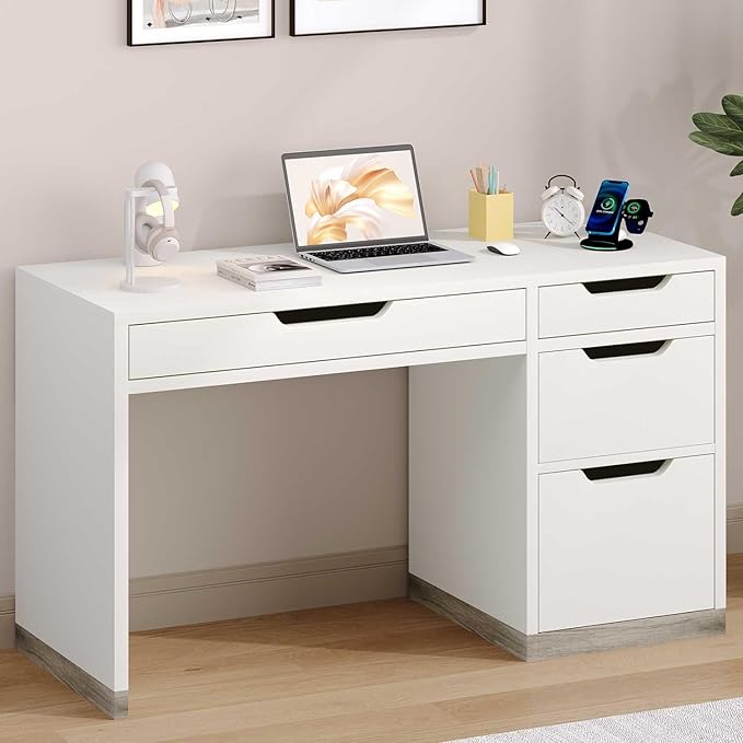 52 Inch White Desk with Drawers, Small Desk with Storage for Kids, Study Worksation with Filing Cabinet and 4 Drawers for Bedroom