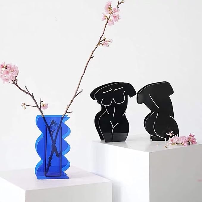 BLOFLO Klein Blue Acrylic Vase, Geometric Wave Shaped Vases for Flowers, Modern Contemporary Decor for Home Office Wedding