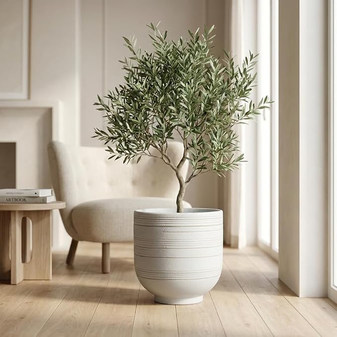HERDUK Large White Ceramic Planter for Indoor Trees, Modern Indoor Floor Planter Pot for Olive Trees & Faux Olive Trees, Pottery Planter with Drainage for Real Plants