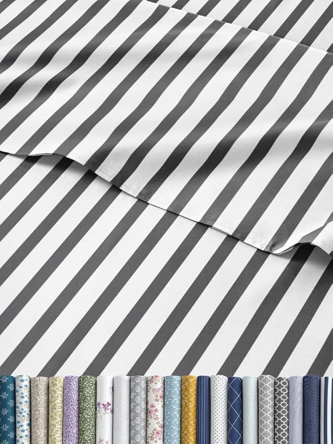 Striped Sheets - Grey Striped Sheets - 1 Flat & 2 Fitted & 2 Pillowcases w/ Deep Pockets – Wrinkle & Fade Free - Ultra-Soft, Breathable and Cooling – Luxury Pinstripe Bedding - Split King Size Bed Set