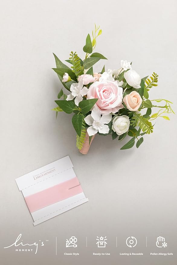 Ling's moment Blush Pink & Cream Bridesmaid Bouquet, Wedding Bouquets for Bridesmaids, 7 Inch Bridal Bouquets for Bridesmaids, Wedding, Ceremony, Anniversary, etc.