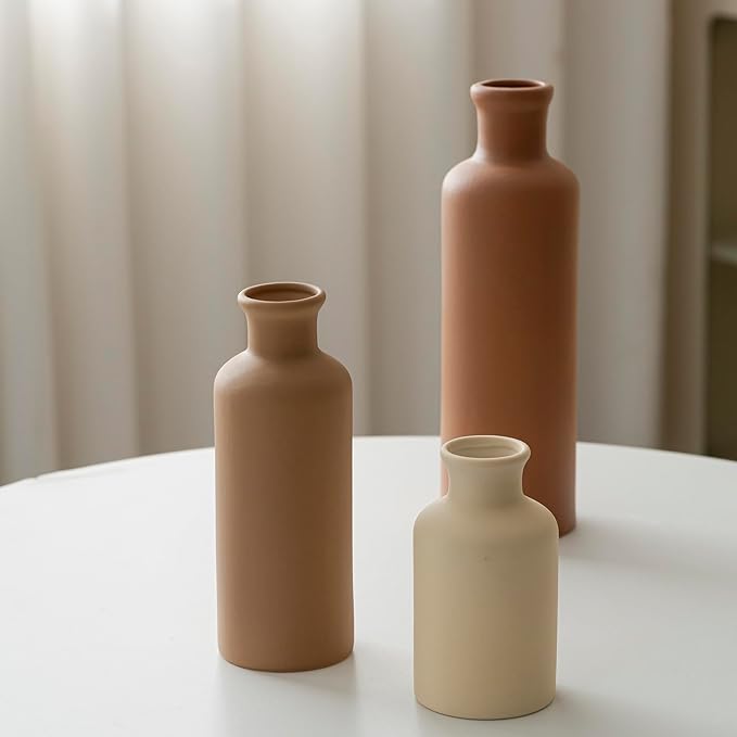 Modern Ceramic Vase Set of 3, Neutral Colors, Decorative Bottles for Home, Earth Tone Farmhouse Rustic Decor, Housewarming Gifts, Wedding Gifts, Birthday Gifts for Women(Coffee Mix)