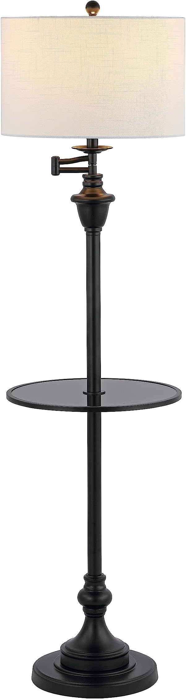 JONATHAN Y 60" Black Floor Lamp with Integrated Glass Side Table, Modern Swing Arm Standing Lamp for Living Room, White Linen Shade, LED Bulb Included (JYL3055D)