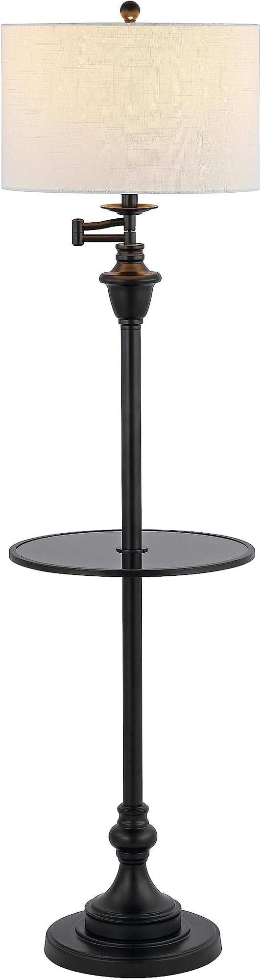 JONATHAN Y 60" Black Floor Lamp with Integrated Glass Side Table, Modern Swing Arm Standing Lamp for Living Room, White Linen Shade, LED Bulb Included (JYL3055D)
