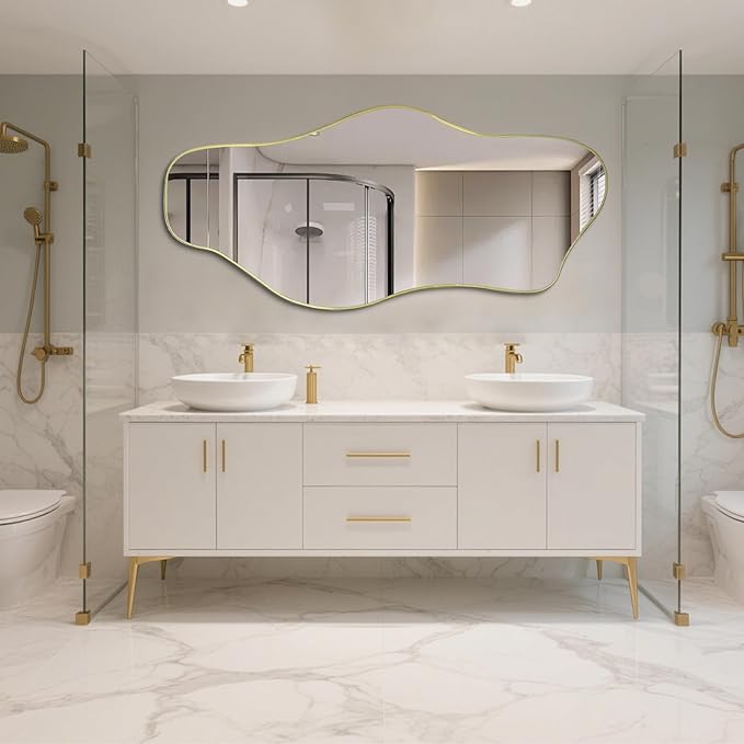 Irregular Full Length Mirror, 67"x31" Large Asymmetrical Tempered Glass Mirror, Gold Organic Frameless Wall Mirrors for Entryway Hallway Bedroom Living Room, Horizontal or Vertical Hanging