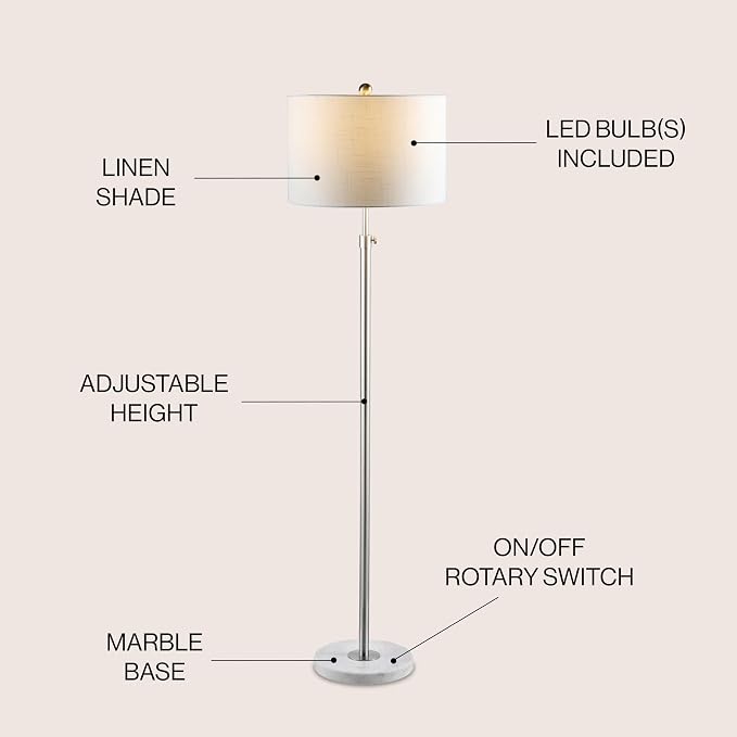 JONATHAN Y 66" Chrome and White Marble Adjustable LED Floor Lamp, Modern Glam Standing Light for Living Room Bedroom, White Linen Shade, Bulb Included (JYL3022C)
