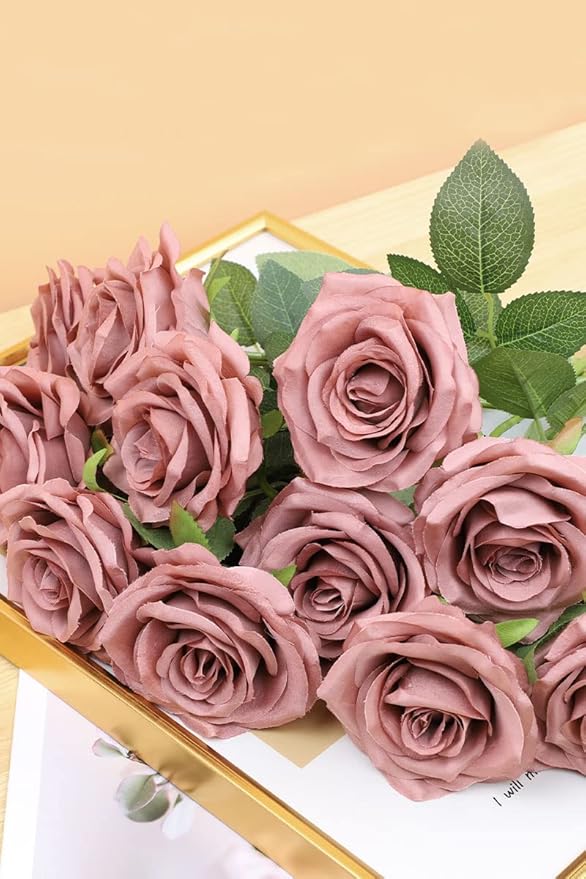 Artificial Rose Flower 12Pcs Dusty Rose Rose Fake Rose Silk Rose Real Looking Fake Flowers with Stems for DIY Wedding Bouquets Tables Centerpieces Floral Arrangements Festival Decoration