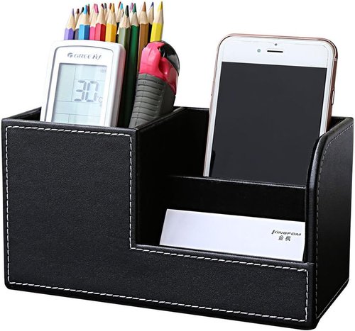 KINGFOM Desk Organizer - Multi-Function PU Leather Storage Caddy for Office Supplies | Black