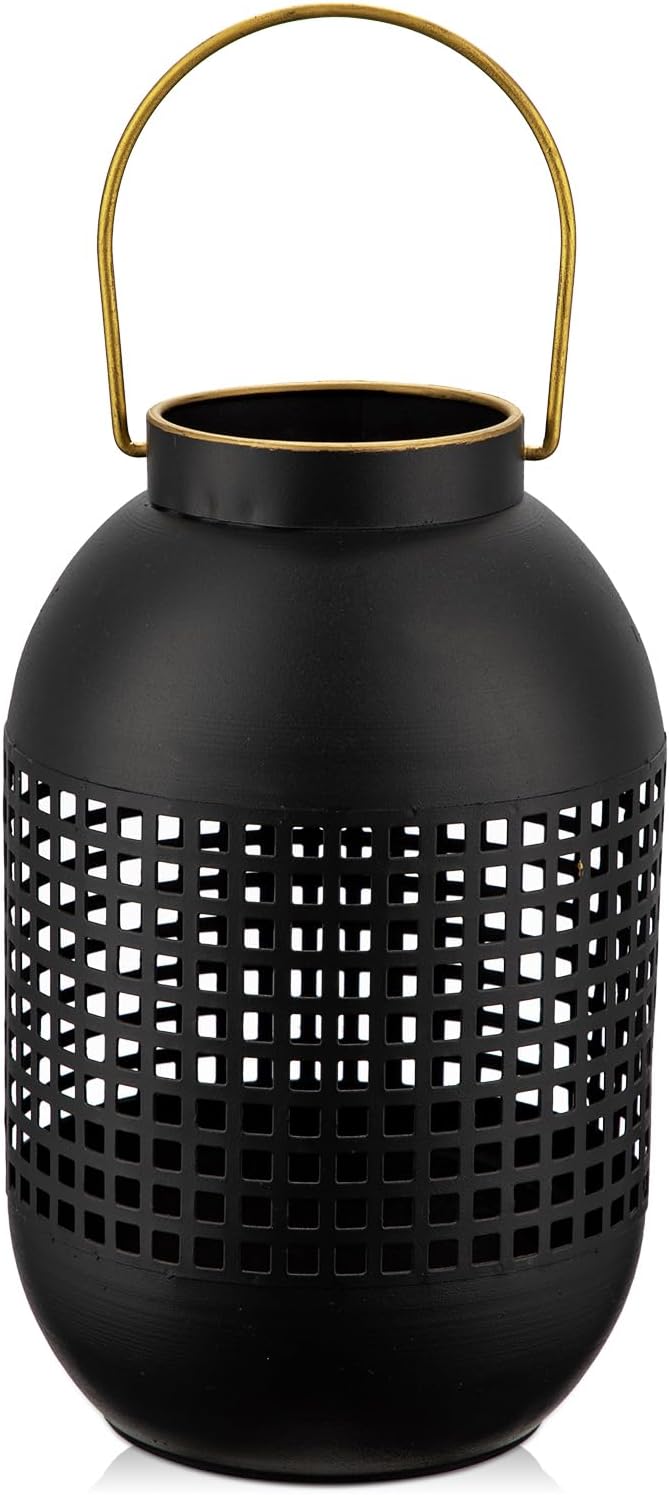 Flower Vase Rustic Metal Vase, 13.8" Black Lantern Vase with Handle for Farmhouse Home Décor Artificial Flowers and Centerpieces