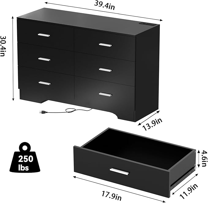 Dresser for Bedroom Black Drawer with Power Outlets Wood 6 Drawer Dresser with Large Organizer Tall Modern Chest of Drawers Close for Bedroom Living Room Kids Room Hallway