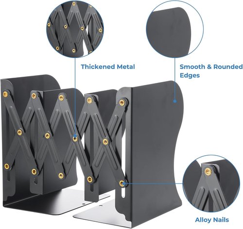 M&G Adjustable Bookends - Heavy-Duty Metal Bookend for Shelves | Extends Up to 20in - Black