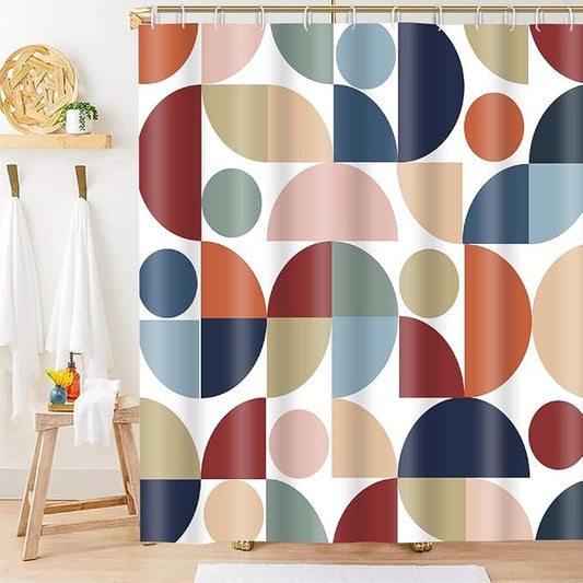 Mid Century Colorful Geometric Shower Curtain Vintage Rainbow Abstract Art Bathroom Curtain Decor 72x72 Inch Washable Fabric Retro Bright Boho Circle Patterned Bath Curtain with 12 Hooks