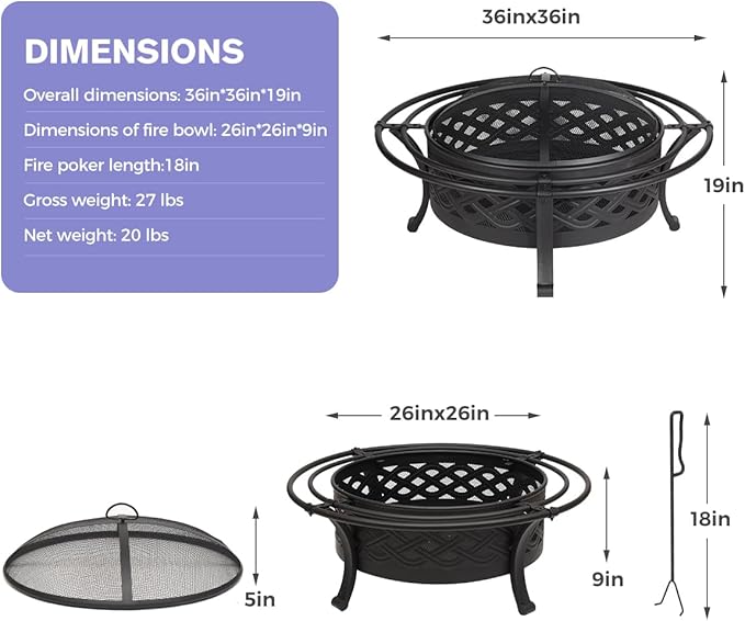 Panovue 36 Inch Fire Pit with 2 Loops,Crossweave Wood Burning Fire Pits for Outside,with Spark Screen,Fire Poker,Round Outdoor Firepit for Patio,Yard,Garden,Camping,Bonfire(36''Black)
