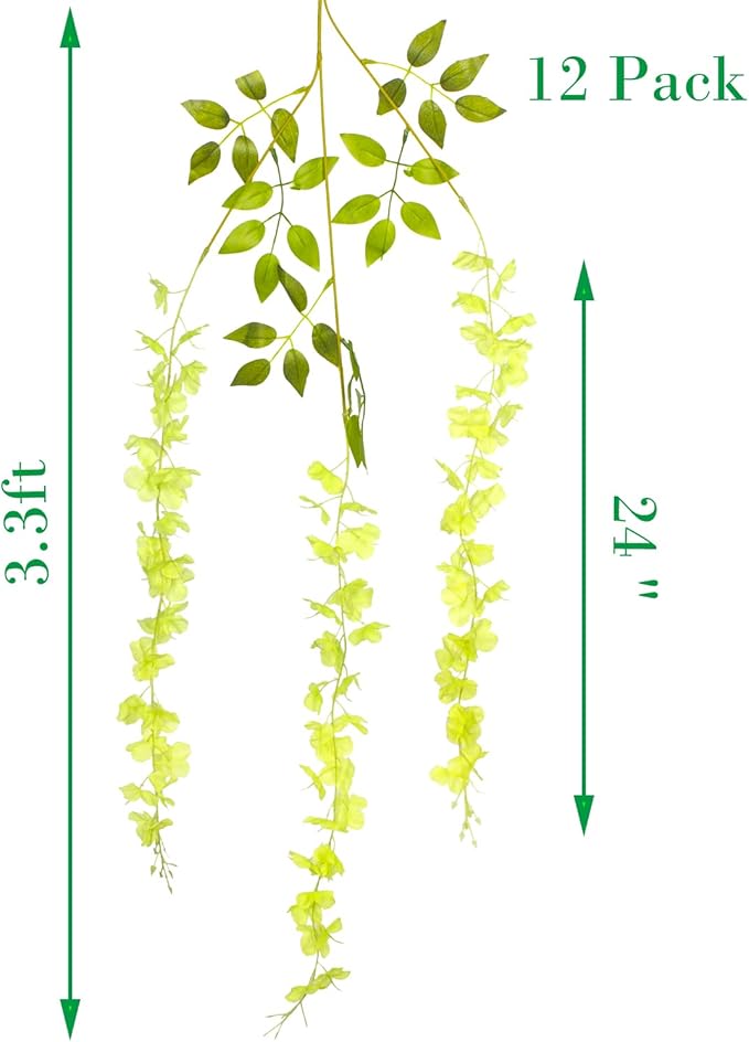 12 Pack Artificial Flowers Silk Wisteria Vine Ratta Hanging Flower (Green)