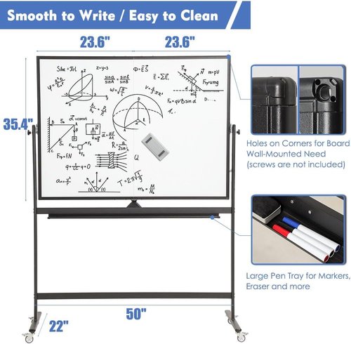 Fortuno Magnetic Mobile Whiteboard - 48"x36" Double-Sided Dry Erase Board with Adjustable Height & Angle | Rolling Easel for Office, Classroom, Home - Black