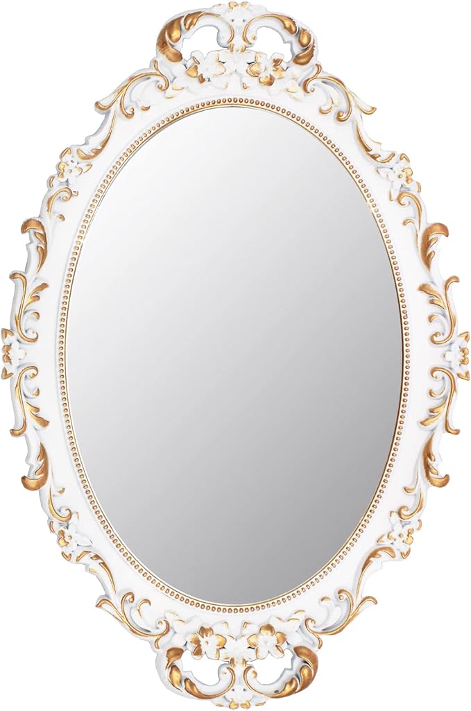 Tstarer Vintage Decorative White Framed Mirror, Small Oval Wall Hanging Mirror - 9.6" W x 14.3" L (White)