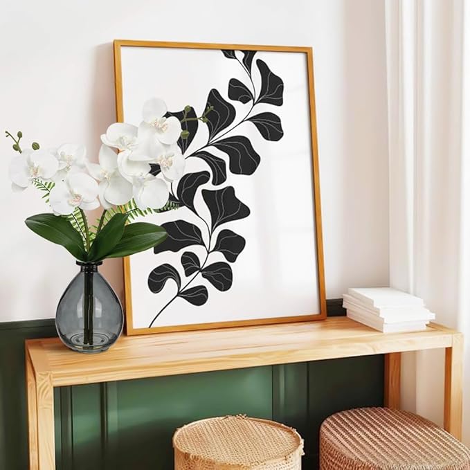 Oairse White Orchids Artificial Flowers, Faux Orchid in Glass Vase Real Touch Small Phalaenopsis Orchid Flowers Arrangements with Black Vase Orchids Centerpiece for Dining Room Table