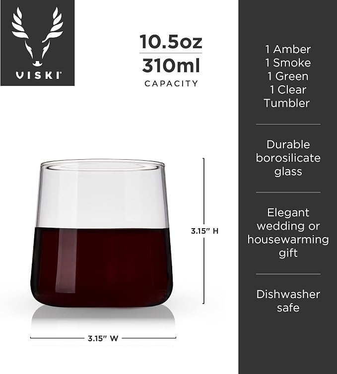Viski Aurora Tumblers Colored Wine Glasses - Tinted Fun Cocktail Glasses in Clear, Grey, Green, and Amber - Dishwasher Safe 10.5 Oz Set of 4