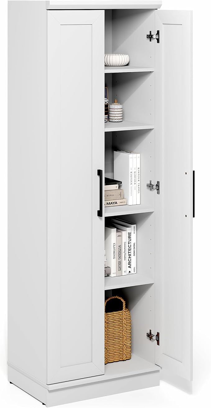 Furinno Robin Storage Cabinet, 5-Tier Pantry Cabinet with Adjustable Shelves, 23W with 2 Shaker-Doors, Kitchen Cabinet, Organization and Storage, for Pantry, Living Room, Home Office, White