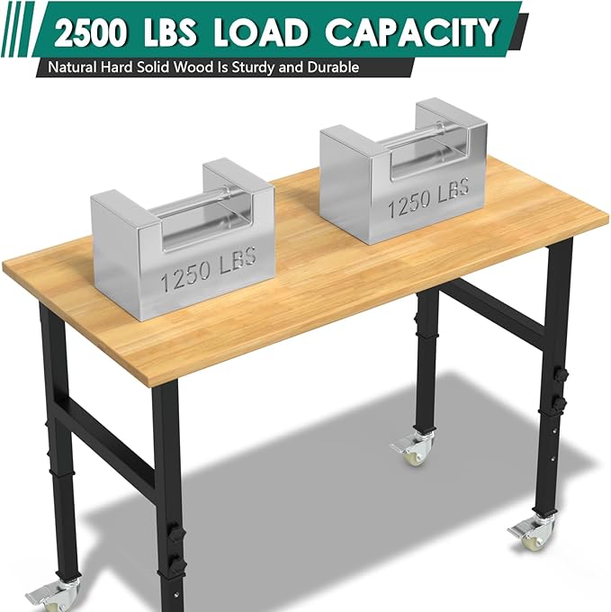 Adjustable Heavy Duty Workbench with Wheels,Rubber Wood Top Working Table, 2500 LBS Load Capacity with for Workshop and Office,etc.